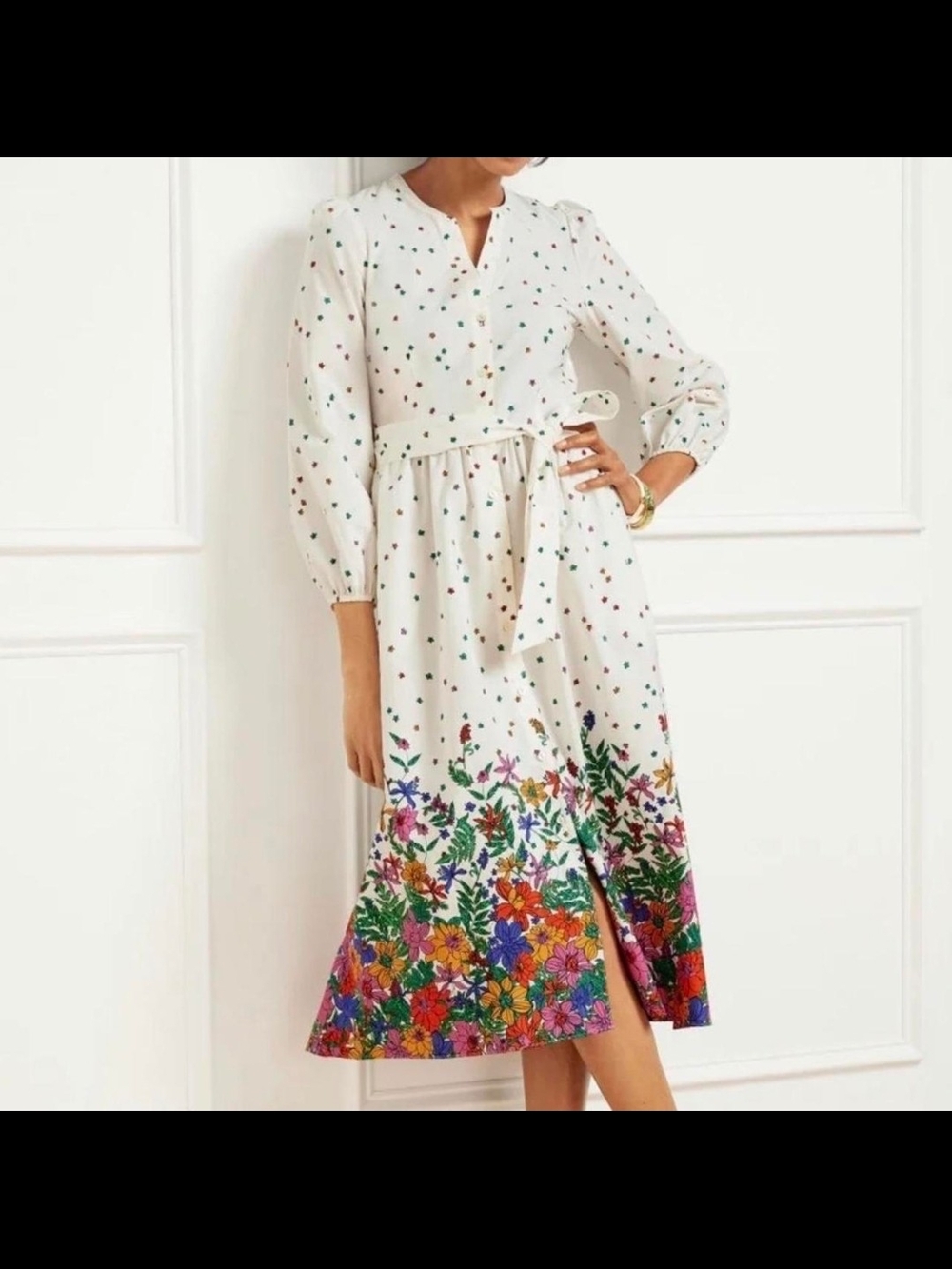 Talbots Dress Womens 8 Ivory Floral Border Print Poplin Cotton Midi Cottagecore